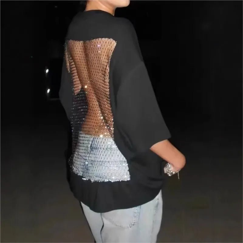 Women's Lace Bead Splicing T-Shirt – Loose O-Neck Half-Sleeve Top