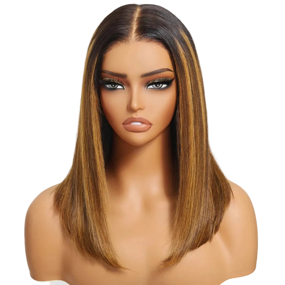 Brown With Blonde Piano Highlights Blunt Bob Wig With Dark Roots | No-Slip 7x5 Pre-Cut Glueless Human Hair
