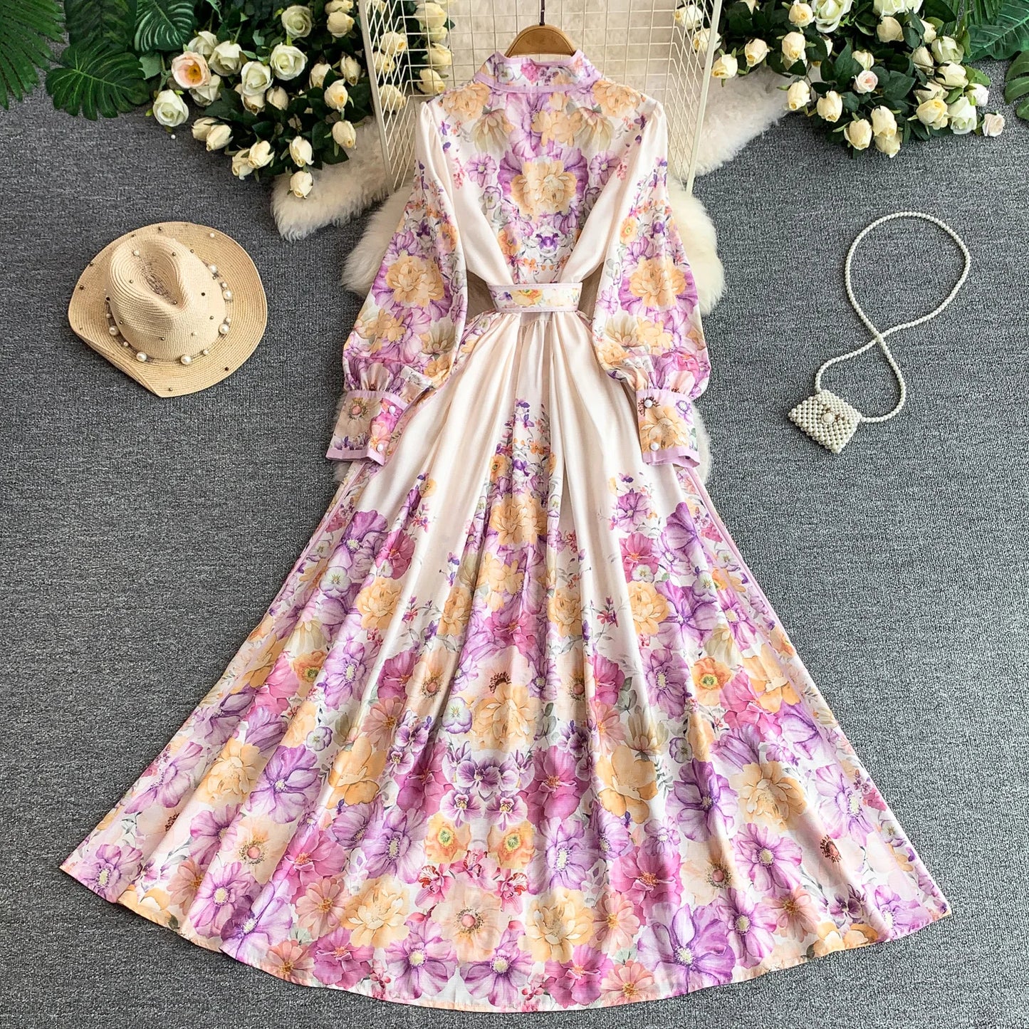 Women's Romantic Print Lantern Sleeve Dress — Belted Split Maxi