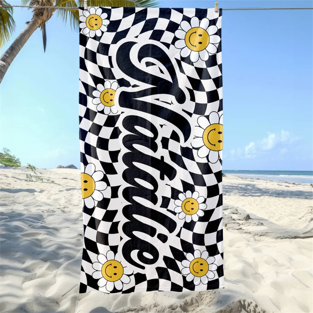 Personalized Daisy Grid Name Beach Towel | Custom Monogram Pool Towel