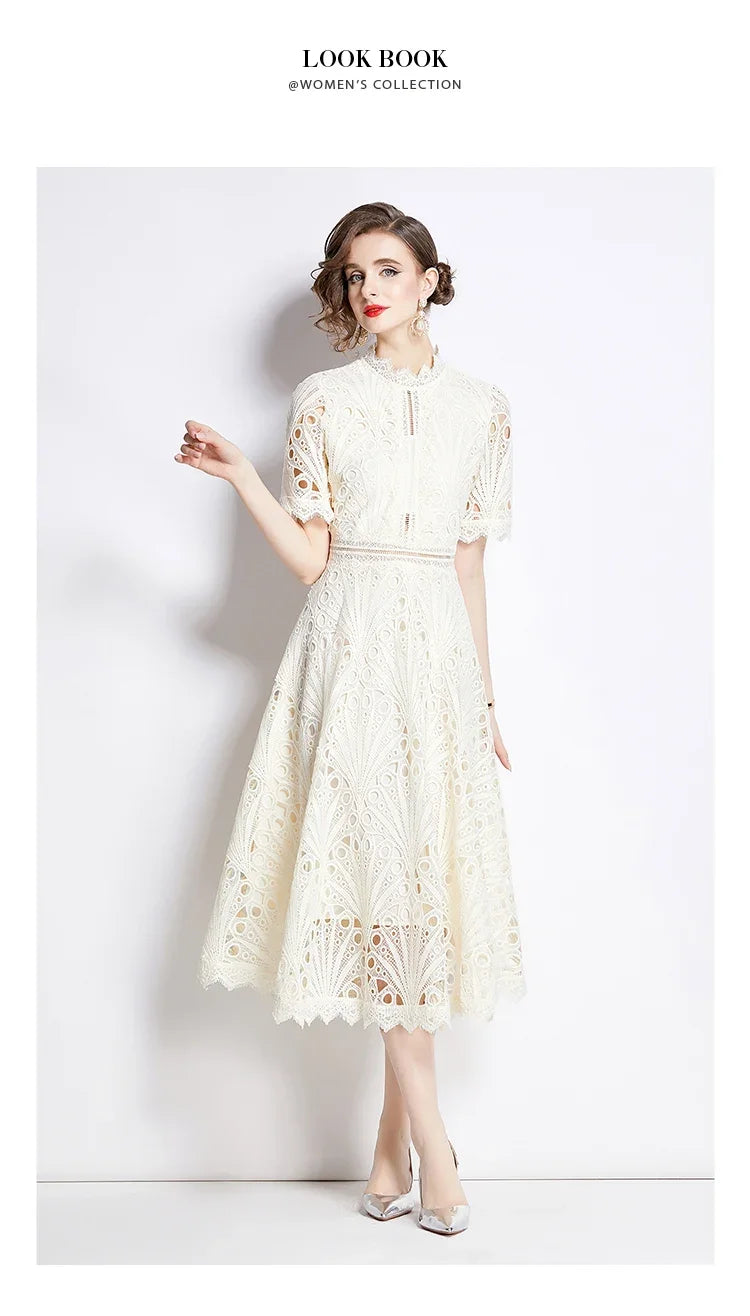 Women's Vintage High-End Lace Hollow-Out Long Dress — Slim Elegant Summer Gown