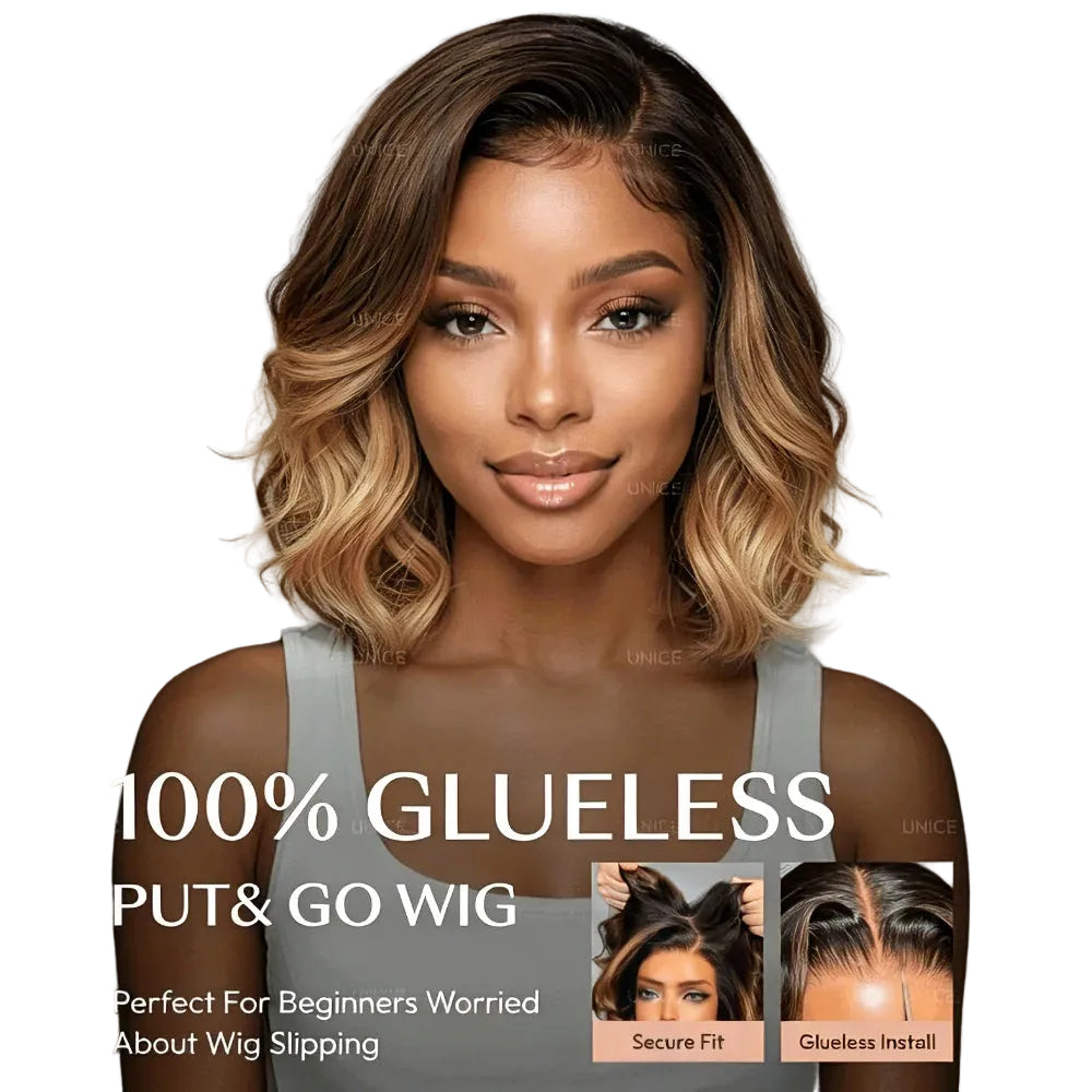 Brown With Blonde Highlights Wavy Bob Wig | Face-Framing Layers Side Part 7x5 & 13x4 Lace Glueless Human Hair