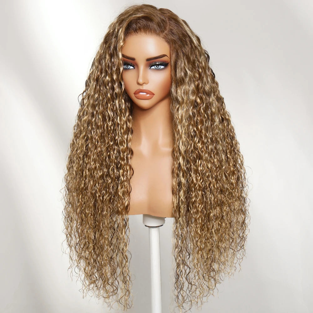 UNice No-Slip 13x4 Lace Frontal Honey Blonde Highlights Water Wave Human Hair Wig With Drawstring Pull & Go Gluele