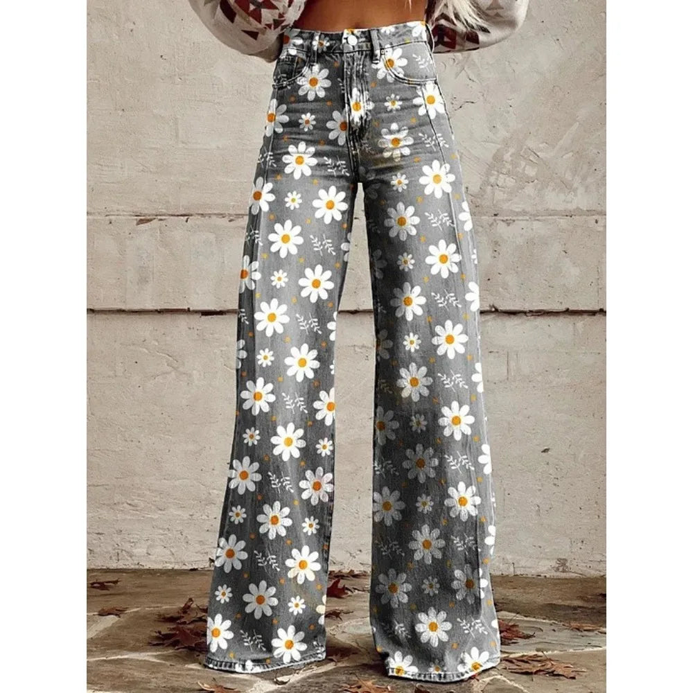 Women's Boho Floral High Waist Wide Leg Pants — Vintage Y2K Loose Trousers