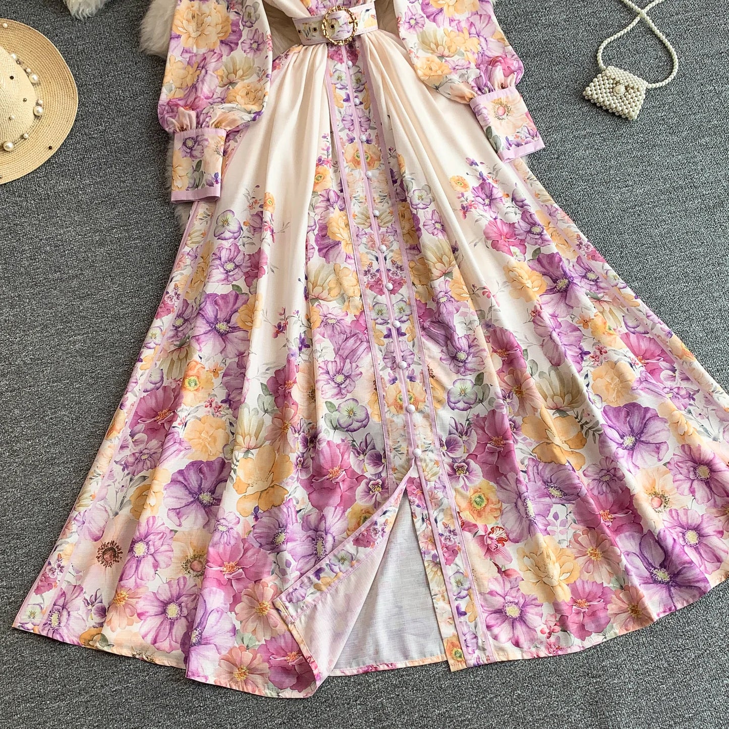 Women's Romantic Print Lantern Sleeve Dress — Belted Split Maxi