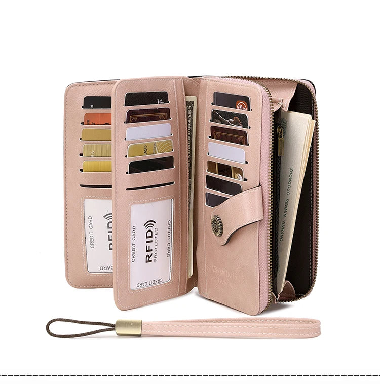 RFID anti-theft brush Retro large capacity long wallet Multi-card women's wallet Multi-function zipper wallet with wrist strap