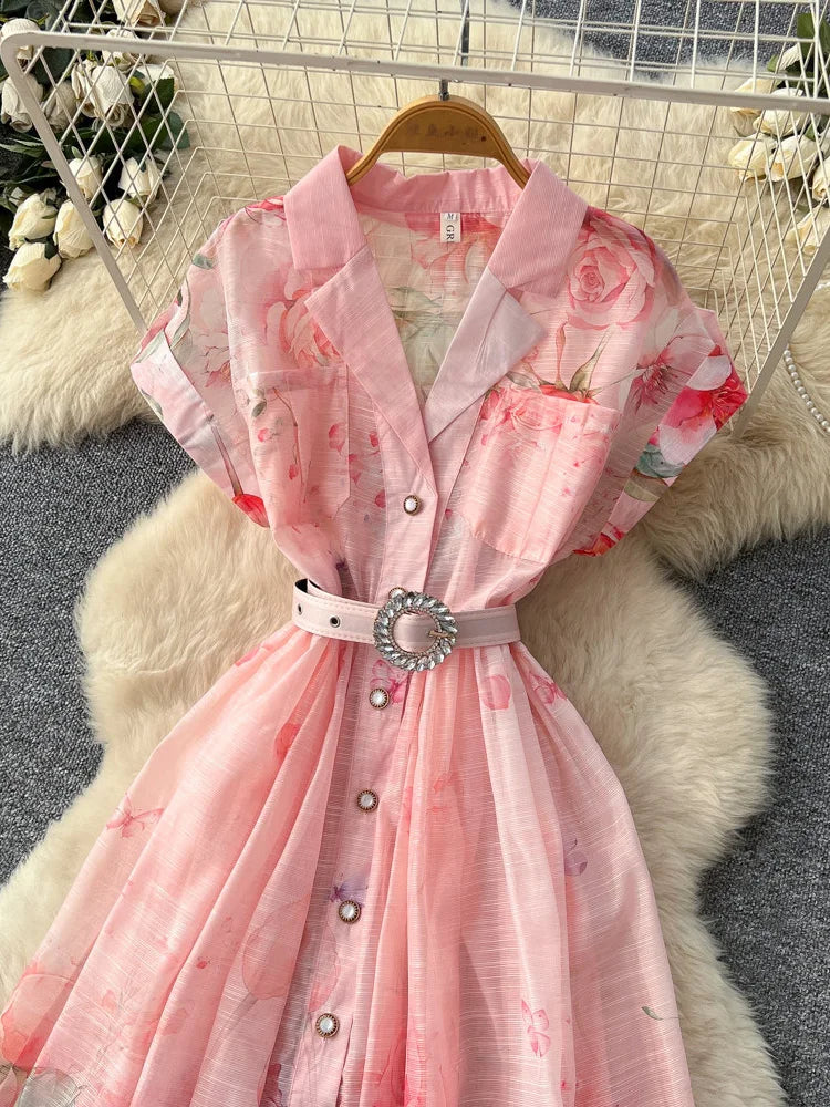 Women's French Countryside Chiffon Printed Dress — Raglan Sleeve A-Line