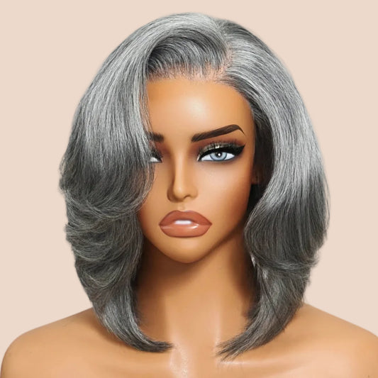 Hair Layered Blowout Salt & Pepper Glueless Human Hair Wig Pre Cut 6.5x1.5 Lace Short Bob Side Part Grey Wig 150% Density