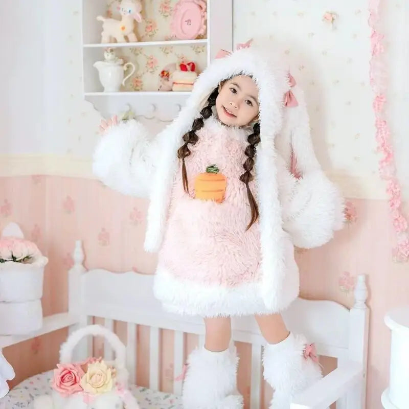 Kawaii Children Plush Rabbit Cosplay Costume Set — Warm Winter Outfit for Girls