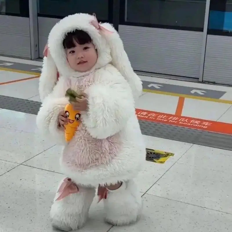 Cartoon Children Plush Rabbit Cosplay Costume Kawaii Kids Winter Warm Sets Top Pants Hat Suit Girl Halloween Party Outfits Gift