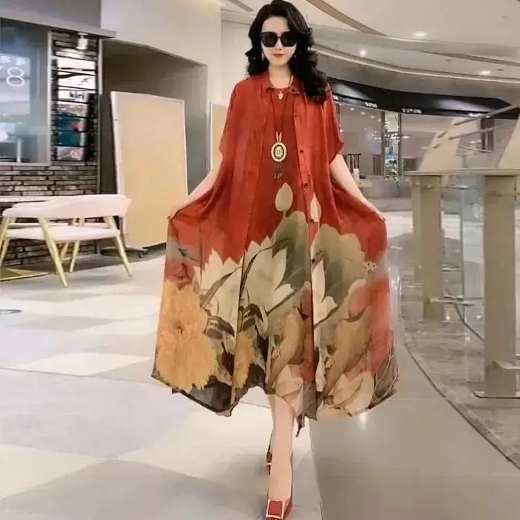 Elegant Printed Chiffon Dress Two-Piece Set