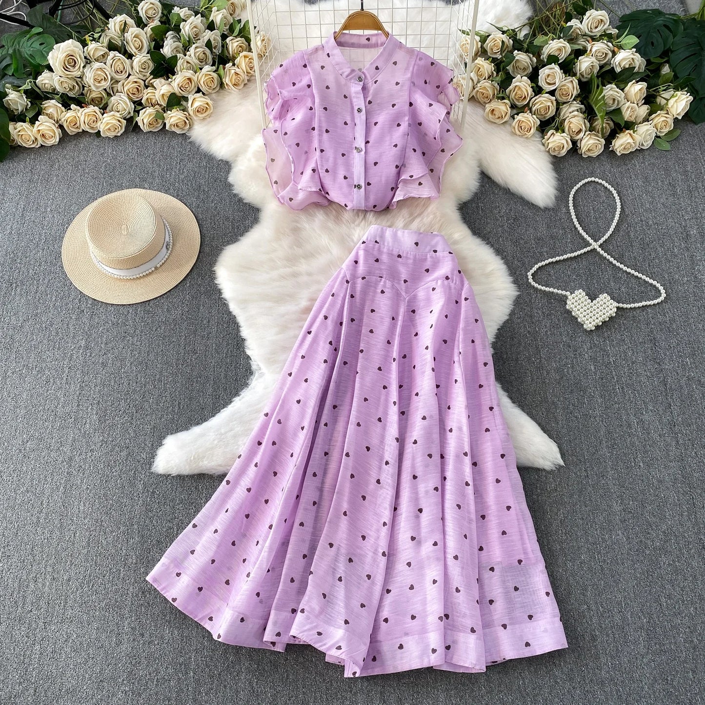 Women's French Style Sweet Chiffon Two-Piece Set — Heart Print Shirt & Flared Skirt