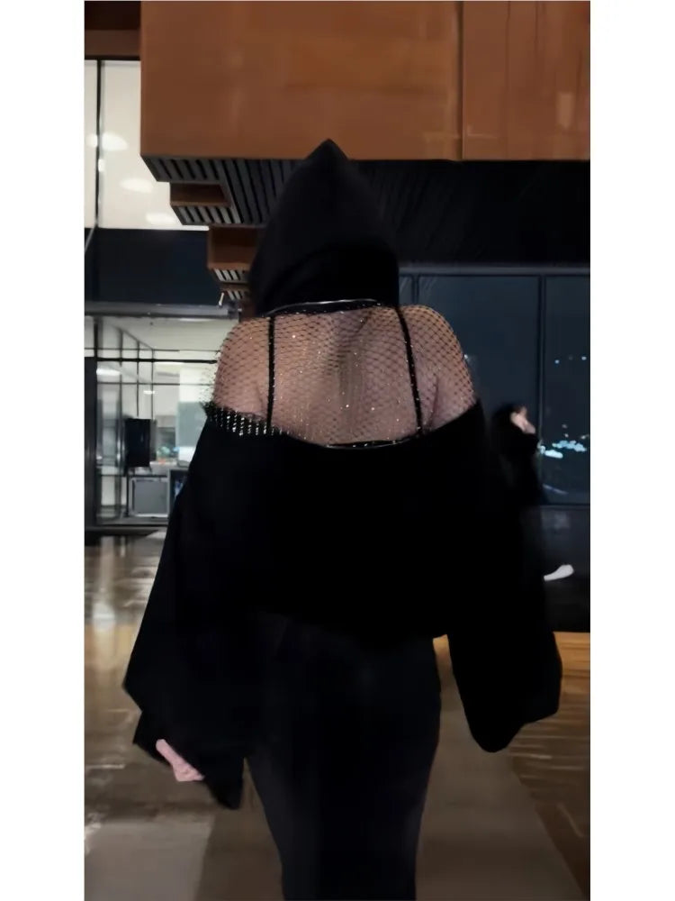 Sexy Perspective Backless Hoodie Woman's Spring Autumn Fashion Lace Patchwork Solid Color Loose Pullover Sweatshirt For Ladies