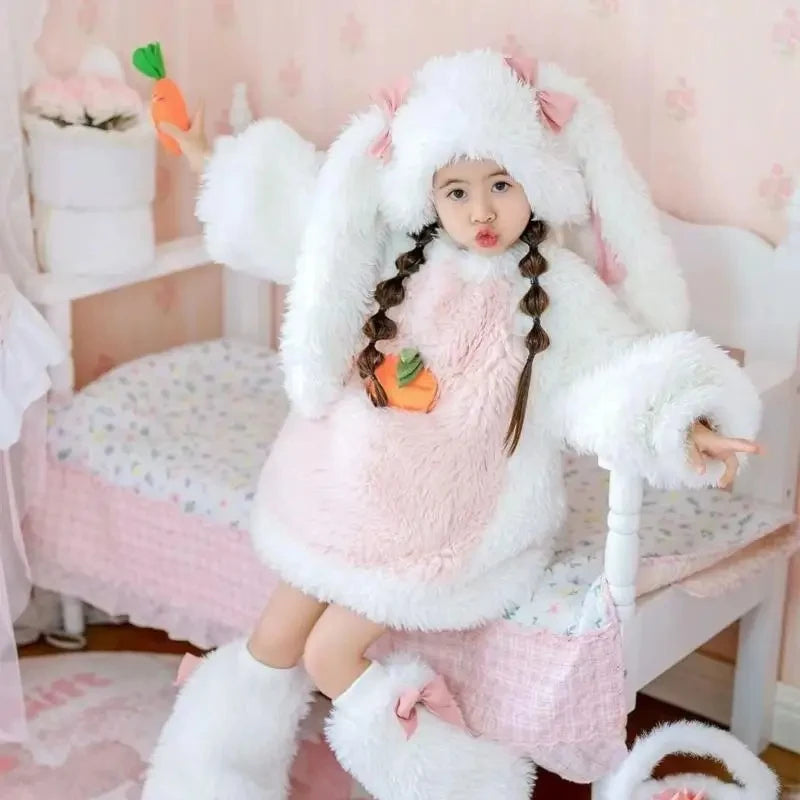 Cartoon Children Plush Rabbit Cosplay Costume Kawaii Kids Winter Warm Sets Top Pants Hat Suit Girl Halloween Party Outfits Gift