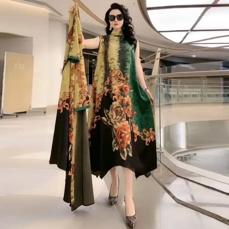 Elegant Printed Chiffon Dress Two-Piece Set