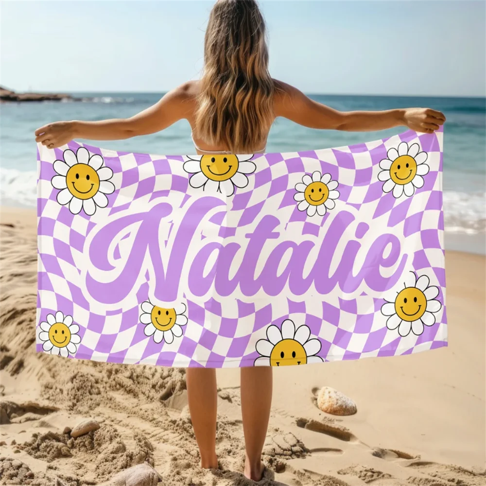 Personalized Daisy Grid Name Beach Towel | Custom Monogram Pool Towel