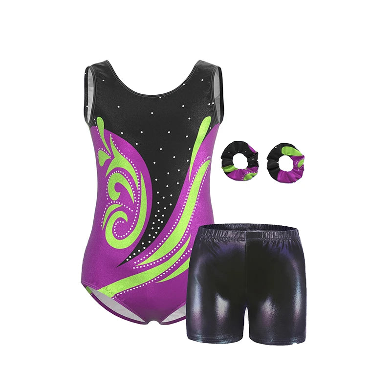 Girls Gymnastics Leotard Set – Shiny Colorful Sleeveless Tank with Shorts & Hairband