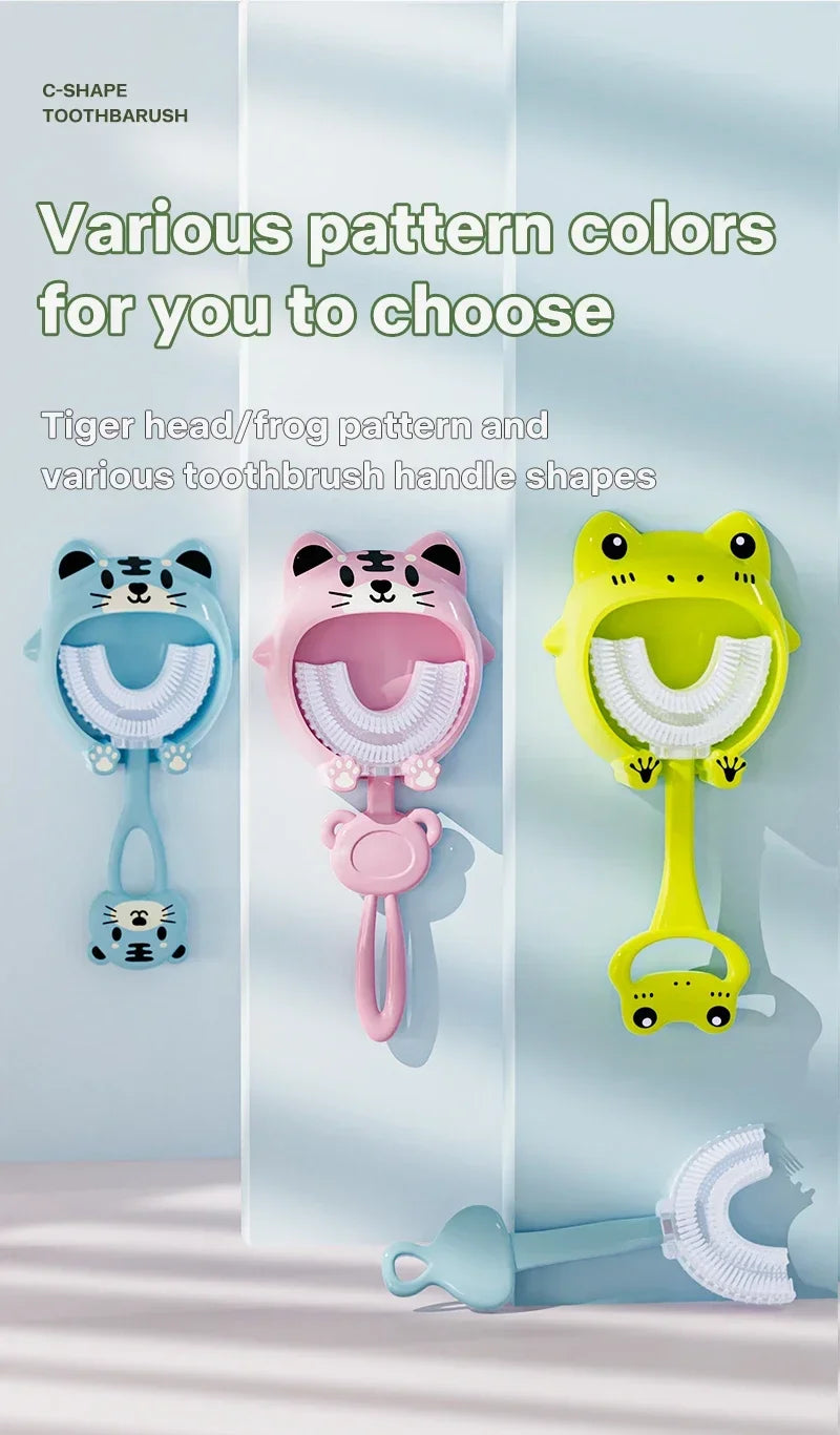 Kids U-Shaped Silicone Toothbrush — 360° Cartoon Design for Ages 1–12