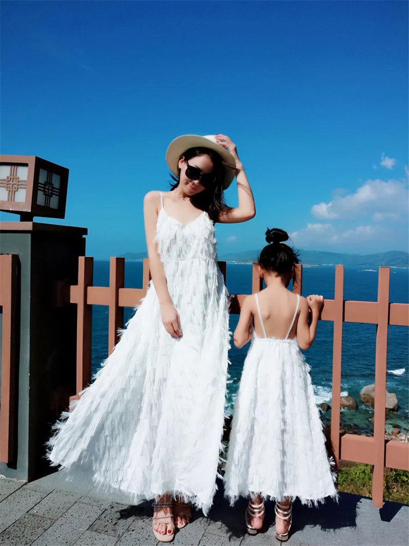 Family Matching Suspender Backless Beach Dress — Mom & Daughter Summer Set