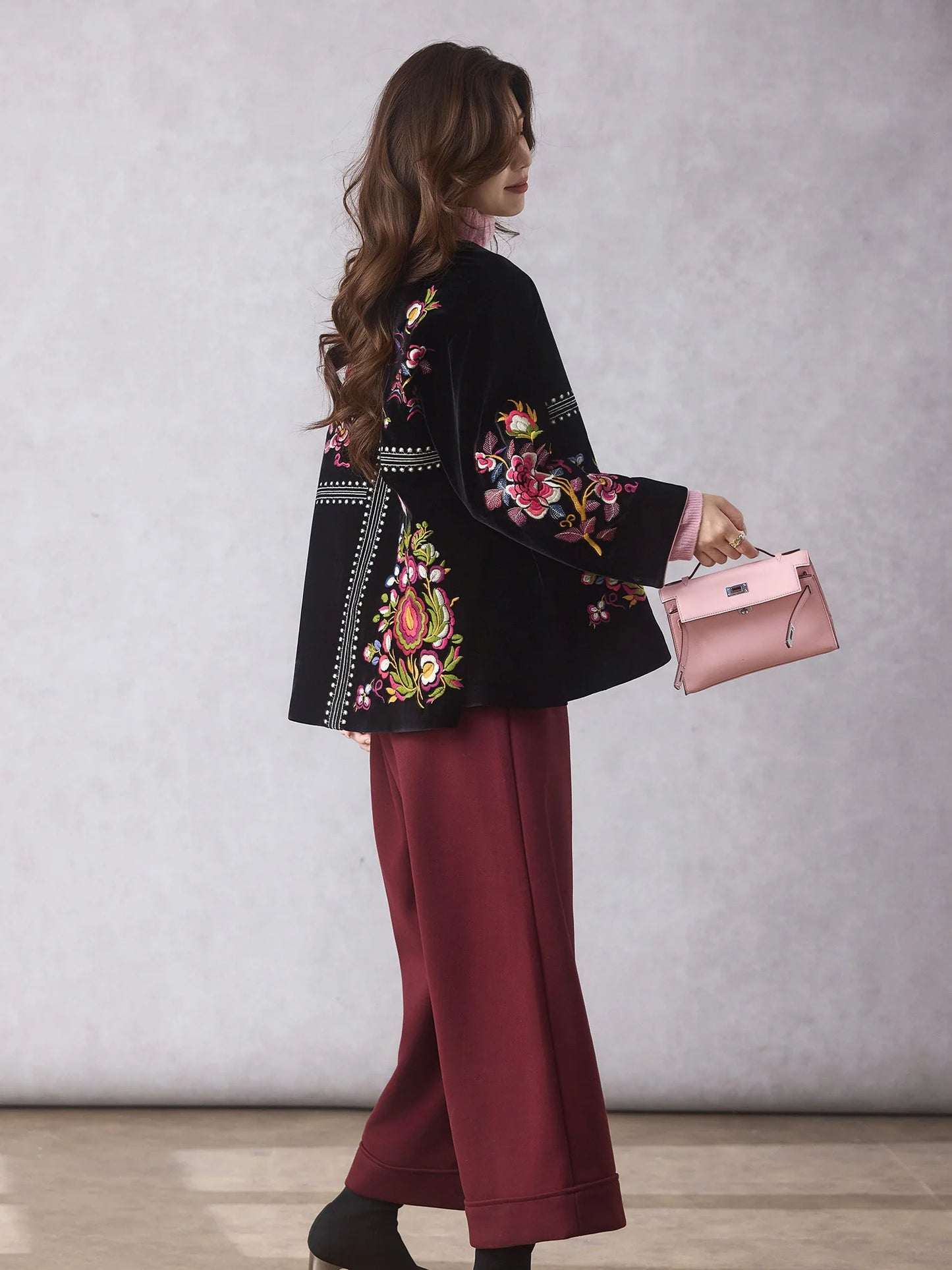 Women's Black Embroidered Velvet Jacket — Chinese Floral Style