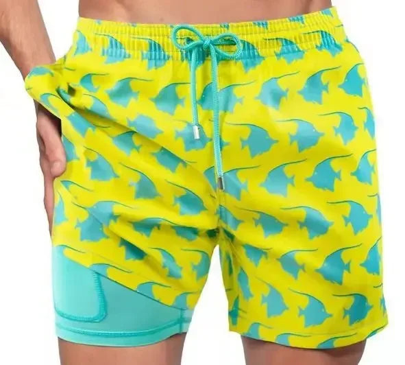 Men's Tropical Print Beach Shorts with Lining — Casual Summer Swim Trunks