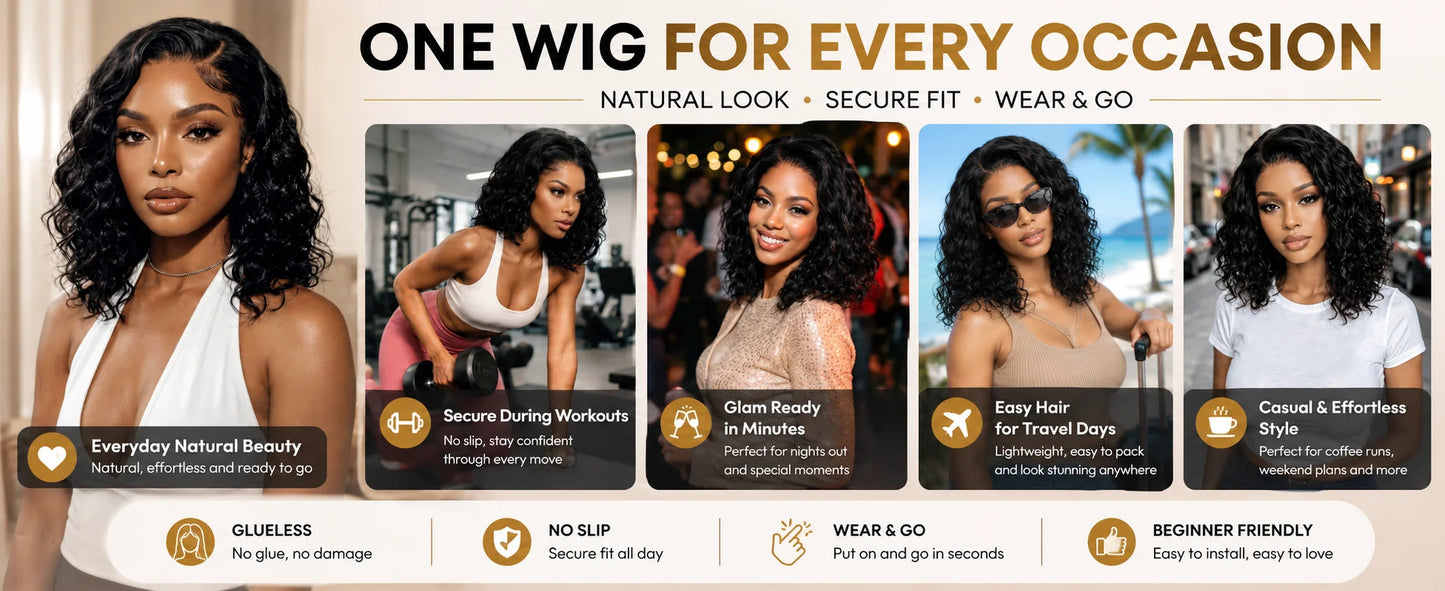 220% Density Water Wave Bob Wig – No-Slip 6x4 Minimalist Lace Glueless Human Hair | Ready To Wear