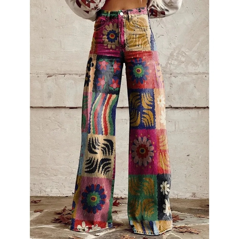 Women's Boho Floral High Waist Wide Leg Pants — Vintage Y2K Loose Trousers