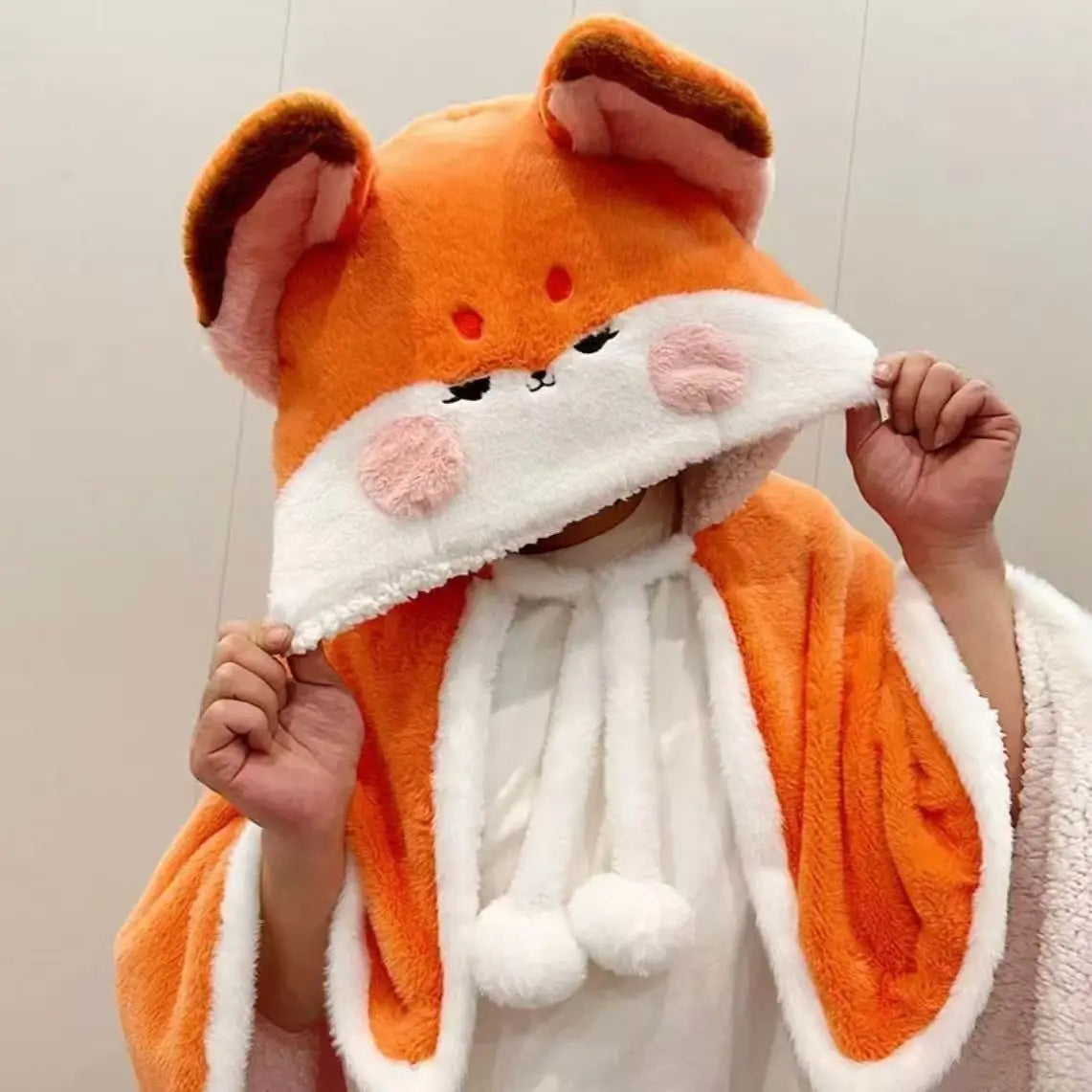 Winter Cartoon Fox Wearable Blanket Cloak — Cozy Shawl Nap Blanket