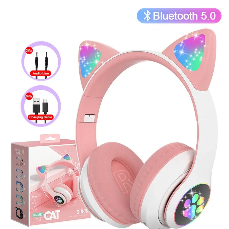 Cat Ears Bluetooth Headphones for Kids – Wireless LED Flash, Mic & TF Card Support