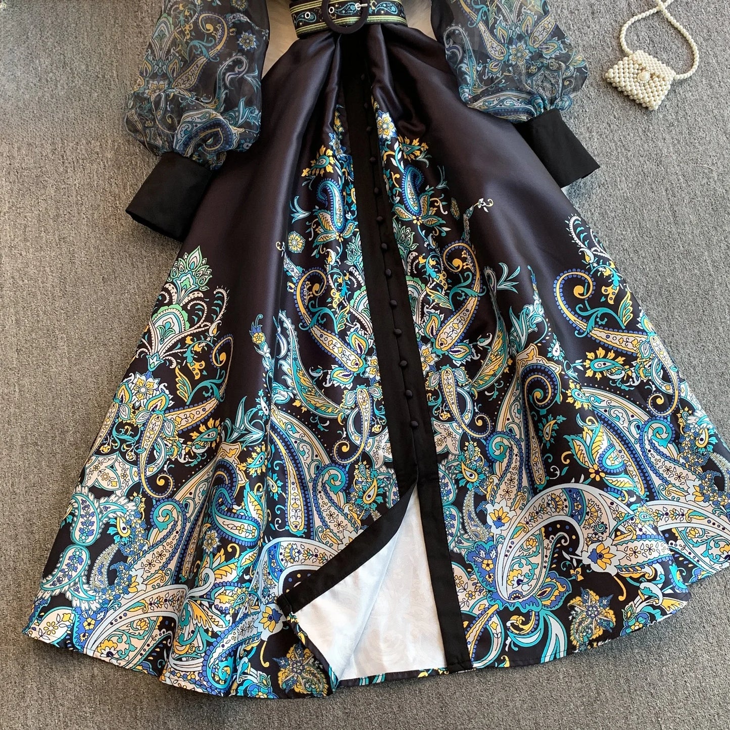 Elegant European Court Style Vintage Mesh Splice Print Lantern Sleeve Long Dress Women's Waist Cinching Slimming Maxi Gown
