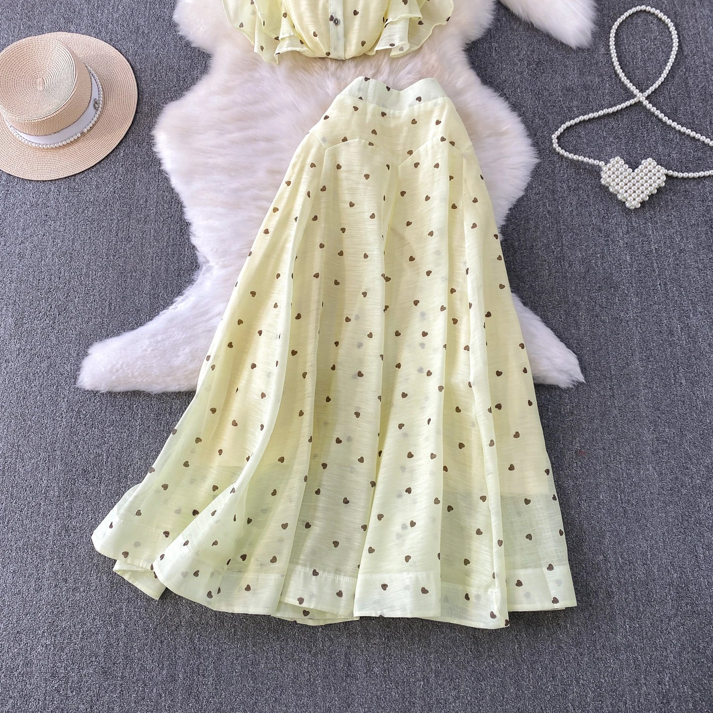 Women's French Style Sweet Chiffon Two-Piece Set — Heart Print Shirt & Flared Skirt