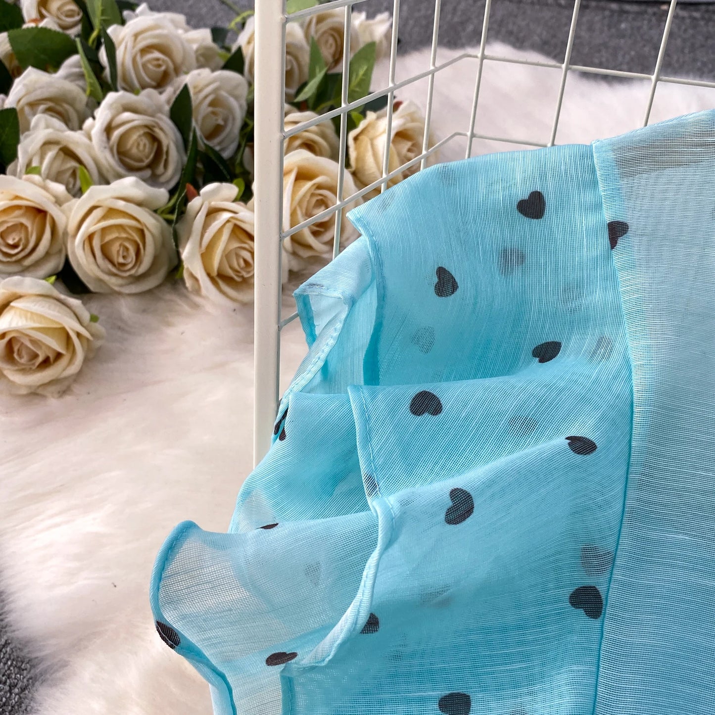 Women's French Style Sweet Chiffon Two-Piece Set — Heart Print Shirt & Flared Skirt