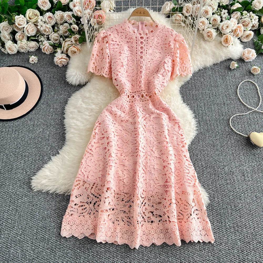 Women's French Style Hollow-Out Lace Dress — Waist-Cinched Short Sleeve A-Line