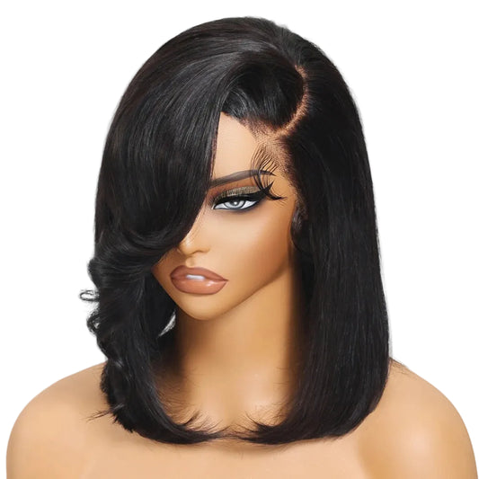 4x4 Lace Closure Bob Wig With Side Swept Bangs 100% Human Hair Glueless Wig Ready To Wear