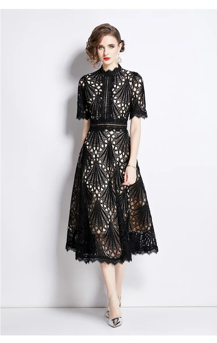 Women's Vintage High-End Lace Hollow-Out Long Dress — Slim Elegant Summer Gown