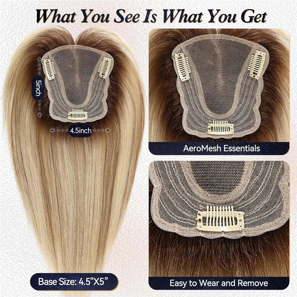 Ombre Blonde Highlight Natural Human Hair Toppers for Women 4.5*5 inch Lace Base Hair Topper Silk Straight Remy Hairpiece