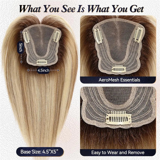 Ombre Blonde Highlight Natural Human Hair Toppers for Women 4.5*5 inch Lace Base Hair Topper Silk Straight Remy Hairpiece