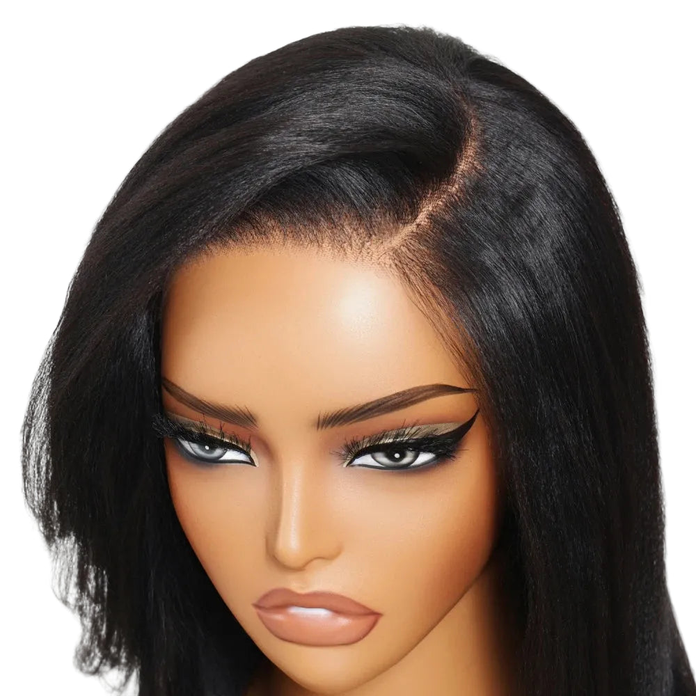 7x5 Lace Drawstring Cap Yaki Straight Wig With Side Bangs Pre Cut Pre Bleached Glueless Wig Human Hair 150% Density