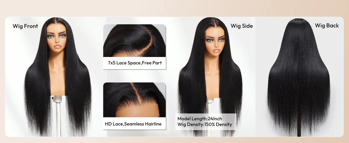 No-Slip 7x5 Lace Yaki Straight Wig With Drawstring 100% Human Hair Glueless Wigs Pre Cut Pre Bleached Wig for Beginners