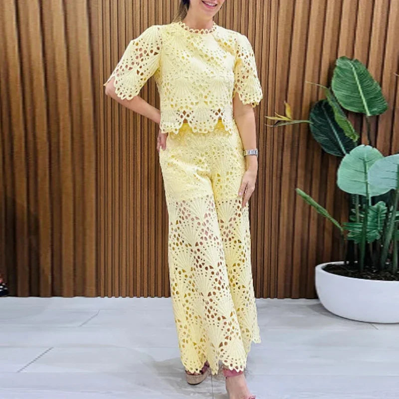 Women's Elegant Lace Embroidery Hollow-Out Two-Piece Set — Short Sleeve Top & Wide-Leg Pants