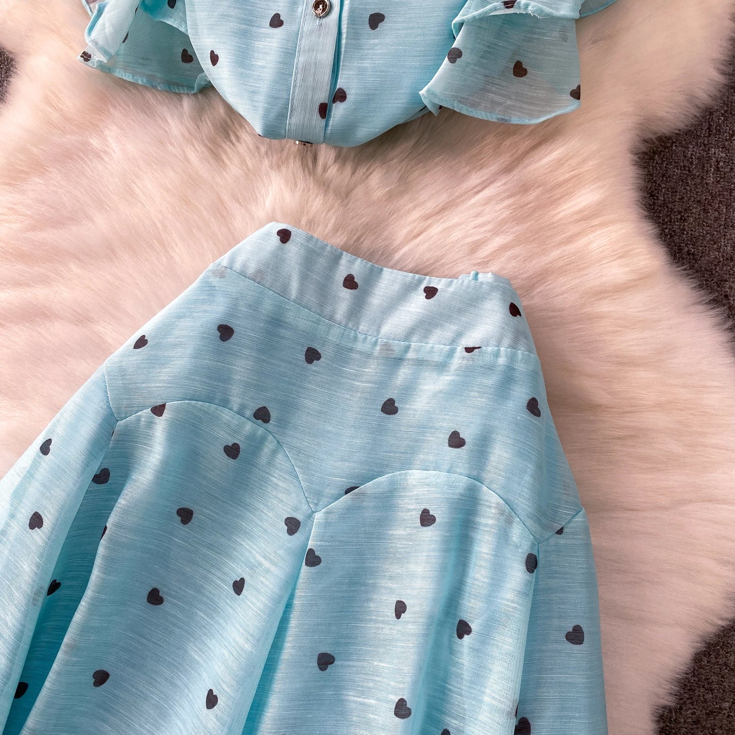 Women's French Style Sweet Chiffon Two-Piece Set — Heart Print Shirt & Flared Skirt
