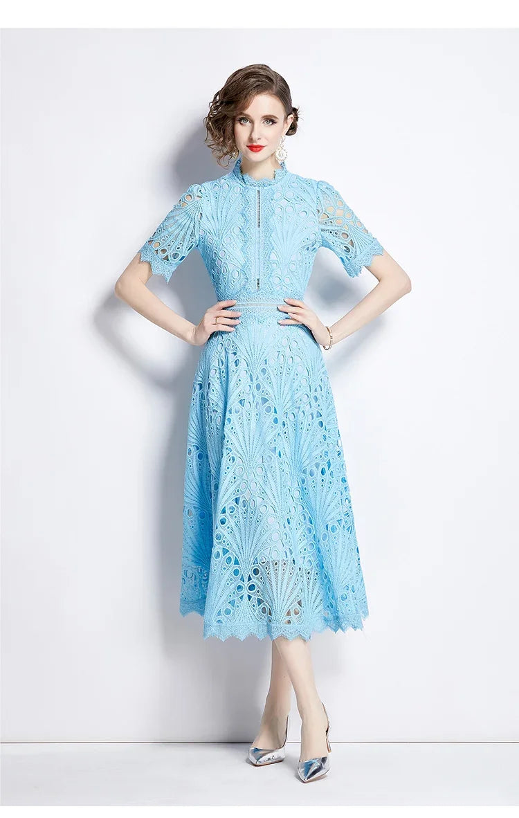 Women's Vintage High-End Lace Hollow-Out Long Dress — Slim Elegant Summer Gown