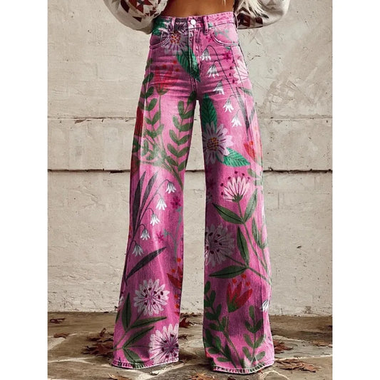 Women's Boho Floral High Waist Wide Leg Pants — Vintage Y2K Loose Trousers