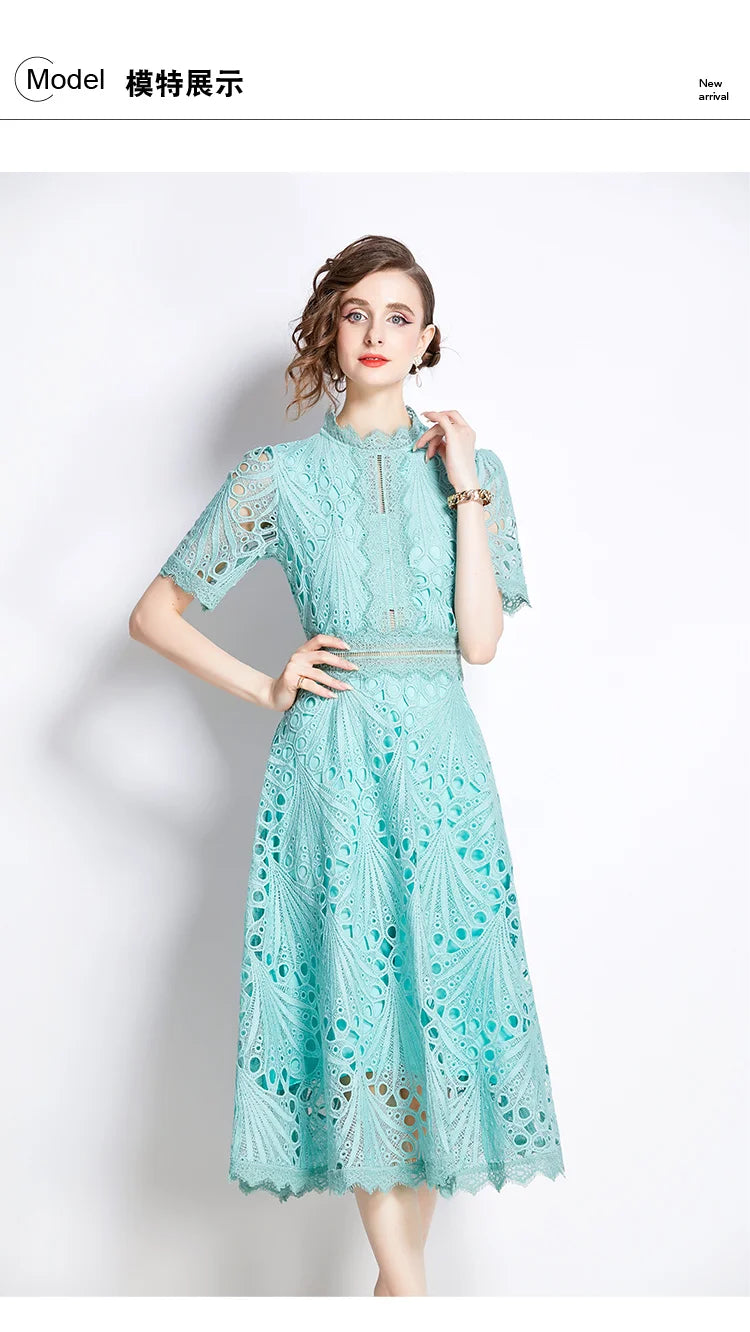 Women's Vintage High-End Lace Hollow-Out Long Dress — Slim Elegant Summer Gown