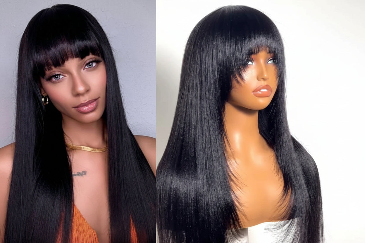 Layered Cut Yaki Straight Wig With Bangs 100% Human Hair Full Machine Made Wig 150% Density