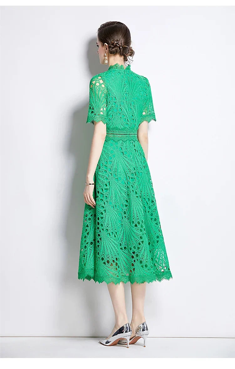 Women's Vintage High-End Lace Hollow-Out Long Dress — Slim Elegant Summer Gown