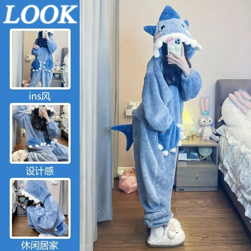Women's Cartoon Shark Hooded Kigurumi Jumpsuit — Cosplay Loungewear & Sleepwear