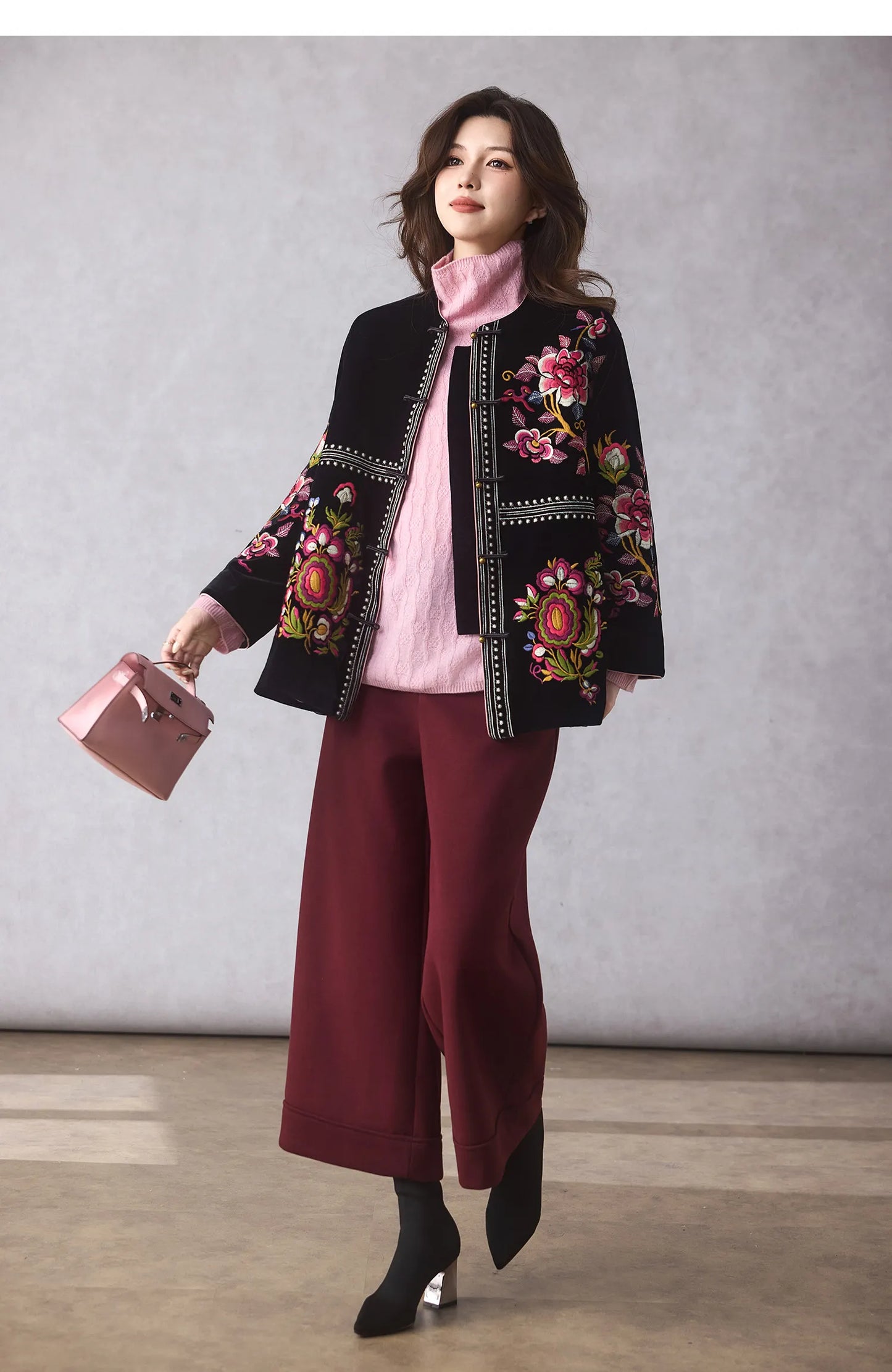 Women's Black Embroidered Velvet Jacket — Chinese Floral Style