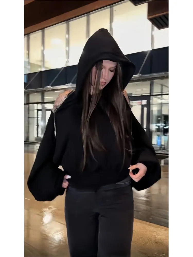 Sexy Perspective Backless Hoodie Woman's Spring Autumn Fashion Lace Patchwork Solid Color Loose Pullover Sweatshirt For Ladies