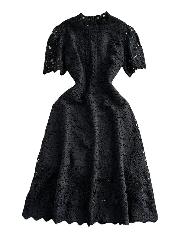 Women's French Style Hollow-Out Lace Dress — Waist-Cinched Short Sleeve A-Line